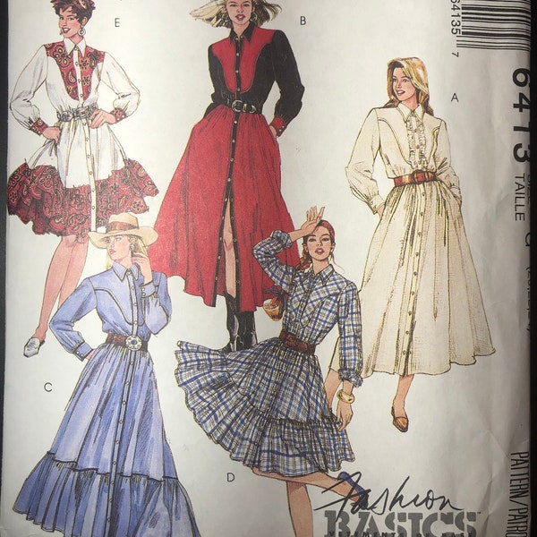 McCalls 6413 Pattern UNCUT 1990s Vintage Fashion Basics Button Front Dress with Contrast Yoke Long Sleeves Flared Skirt Buttns Size 20 22 24