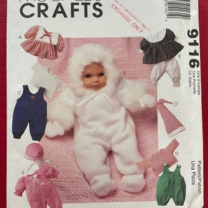 McCalls 9116 Pattern UNCUT 1990s Vintage Baby Doll 8&quot; - 16&quot; Tall Dolls Dress Jumpsuit Shirt Sleeper Nightcap Bonnet Faux Fur Contrast Trim