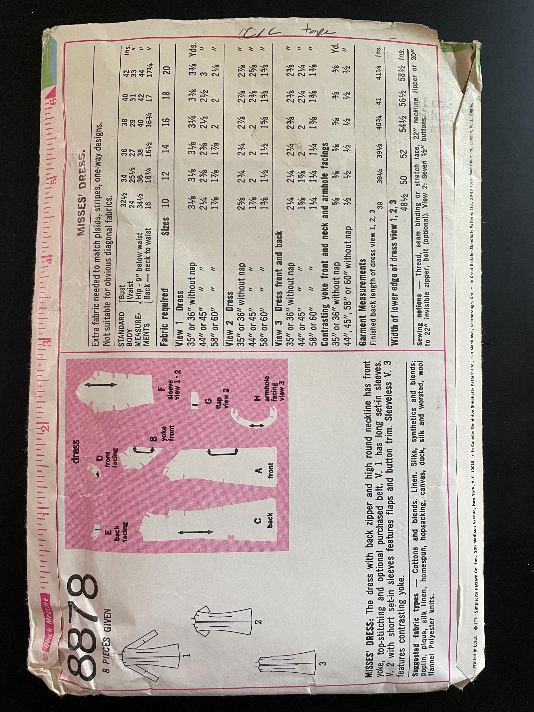 Simplicity 8878 Pattern CUT Complete 1970s Vintage A-line Pointed Yoke ...