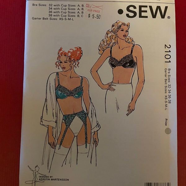 Kwik Sew 2101 Pattern UNCUT 1990s Vintage Lingerie Set Underwire Bra with Lace Trim and Belt Garter Size Bust 32 34 36 38 XS S M L