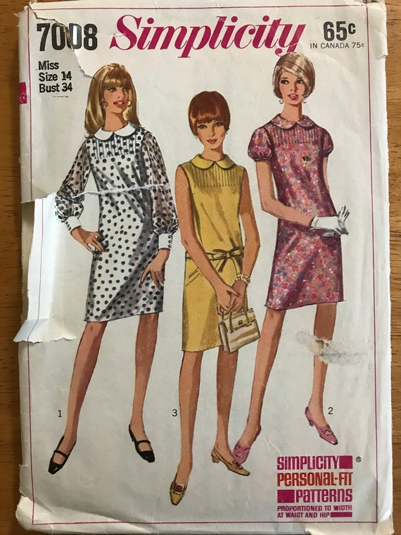 Simplicity 7008 Pattern 1960s Vintage One Piece Dress Front Tucks