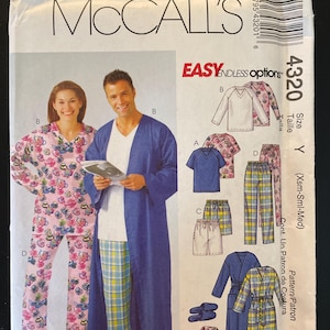 May include: McCall's sewing pattern for sleepwear, robes, and slippers. The pattern includes options for a V-neck top, shorts, and pajama pants. The cover features a woman in pink floral pajamas and a man in a blue robe.