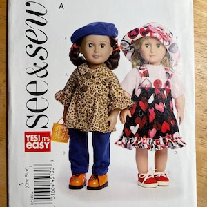May include: A sewing pattern titled "see & sew" featuring two dolls. One doll wears a leopard print coat, blue jeans, and orange shoes. The other doll wears a heart-patterned dress and red sneakers. The pattern is labeled "Yes! It's easy."