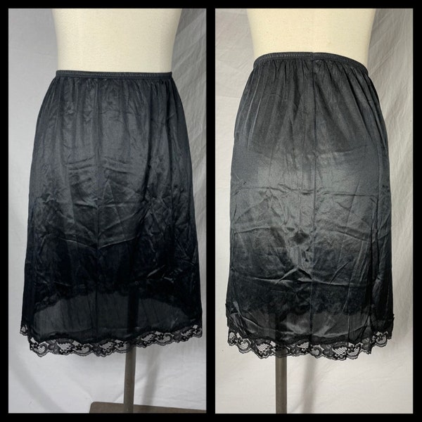 Vintage Lingerie Hanes Her Way Black Nylon Half Slip with Lace Trimmed Hemline Above Knee Length Short - Size Small