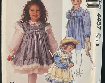 McCalls 4487 Pattern UNCUT 1980s Vintage Ruffles and Lace Little Girl's Prairie Style Dress with Ruffled Pinafore Knee Length  Size 6 VA