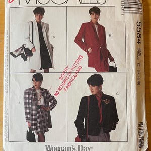 May include: A sewing pattern for three different jackets. The first jacket is white, the second is red, and the third is black and white plaid. The pattern is from McCall's and is part of the Woman's Day Collection.