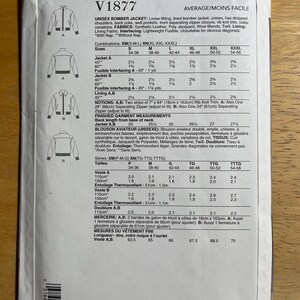 May include: Vogue Patterns V1877 sewing pattern for a unisex bomber jacket. Includes size charts, fabric suggestions, and notions. Features a loose-fitting, lined design with variations. Made in the USA.