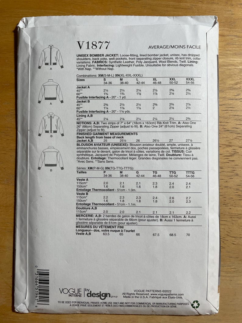 May include: Vogue Patterns V1877 sewing pattern for a unisex bomber jacket. Includes size charts, fabric suggestions, and notions. Features a loose-fitting, lined design with variations. Made in the USA.