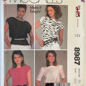 McCalls 8987 Pattern UNCUT 1980s Vintage Easy Make It Tonight Pullover Short Cap Elbow Length Sleeve Top Round Neckline Size 10 Bust 32.5&quot;