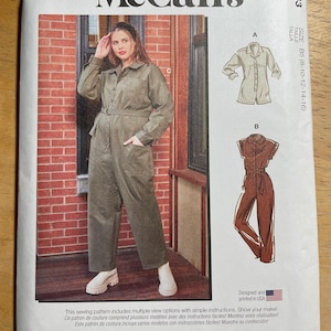 May include: McCall's sewing pattern showing a woman in a green jumpsuit. The pattern includes multiple view options with simple instructions. The size is B5 (8-10-12-14-16). Designed and printed in the USA.