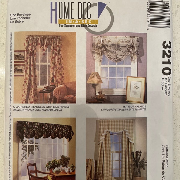 McCalls 3210 Pattern UNCUT Home Dec in a Sec Window Treatments Gathered Triangles Side Panels Tie Up Valance Fluted Cascade Cornice VA