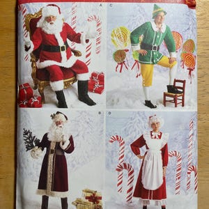 May include: Simplicity costume pattern for adults, featuring Santa Claus, an elf, and Mrs. Claus designs. The cover displays four costume options with candy canes and gift boxes. The pattern size is AA XS, S, M.