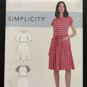 May include: A sewing pattern for a dress with three different styles. The pattern is for sizes US 16-24. The dress is shown in a striped fabric with a pink and white color scheme. The pattern is called Simplicity.