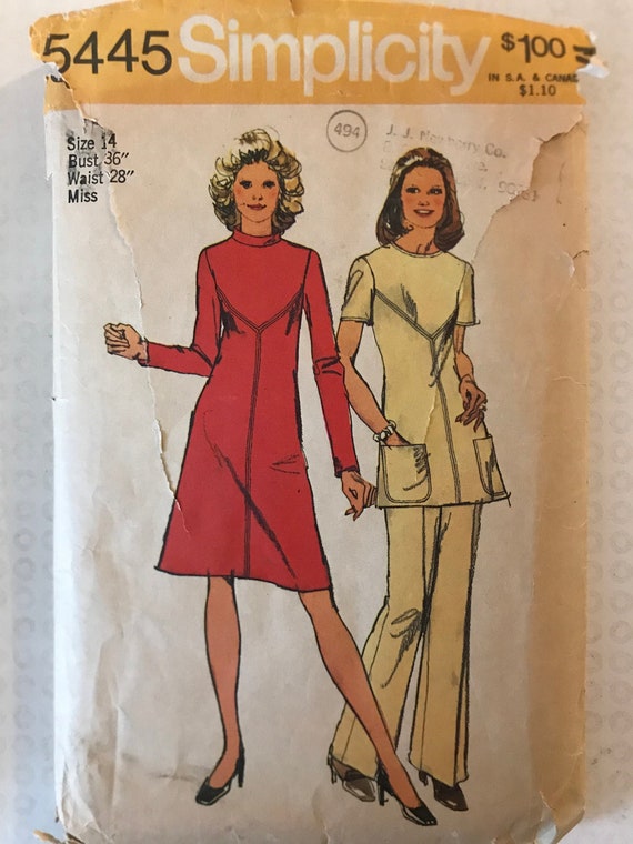 Simplicity 5445 Pattern CUT Complete A-Line Top or Knee Length Dress with  Novelty Pointed Yoke Long Short Sleeve Pants Size 14 Bust 36" IL