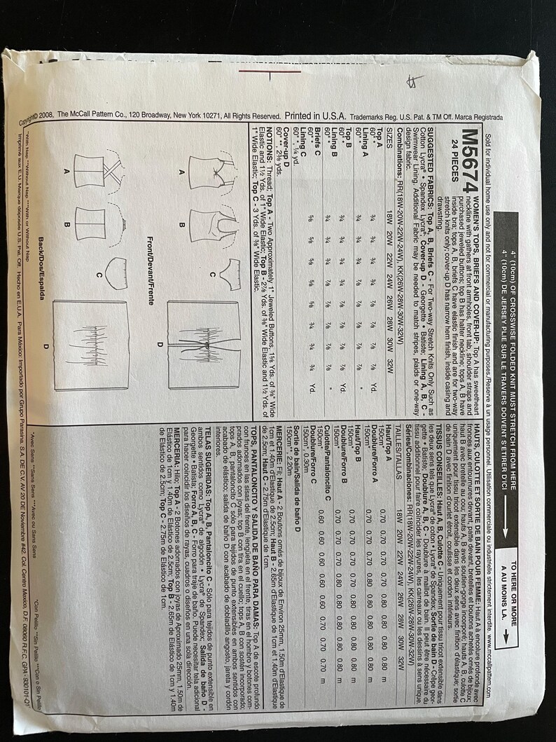 May include: A McCall's M5674 sewing pattern for women's tops, briefs, and a cover-up. The pattern includes instructions for tops with sweetheart and halter necklines, briefs, and a cover-up with a narrow hem.
