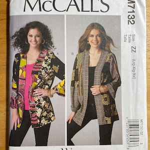 McCalls M7132 7132 Pattern UNCUT Asian Fusion Loose Fit Patchwork Jacket Contrast Fabric Color Block Turn Back Cuffs Size xS S M or L-Xxl VA