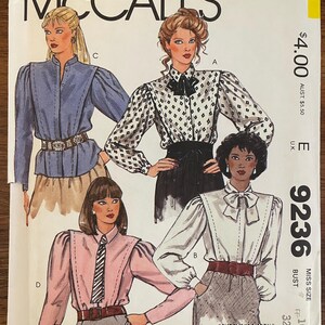 May include: A sewing pattern for a blouse with four different variations. The pattern is from McCall's and is number 9236. The pattern is for a size 10 and a bust size of 32 1/2 inches.