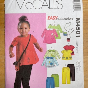 May include: A sewing pattern for a child's dress and pants. The pattern includes four different styles of dresses and two styles of pants. The pattern is for sizes 1-2-3-4. The pattern is called McCall's M4501.