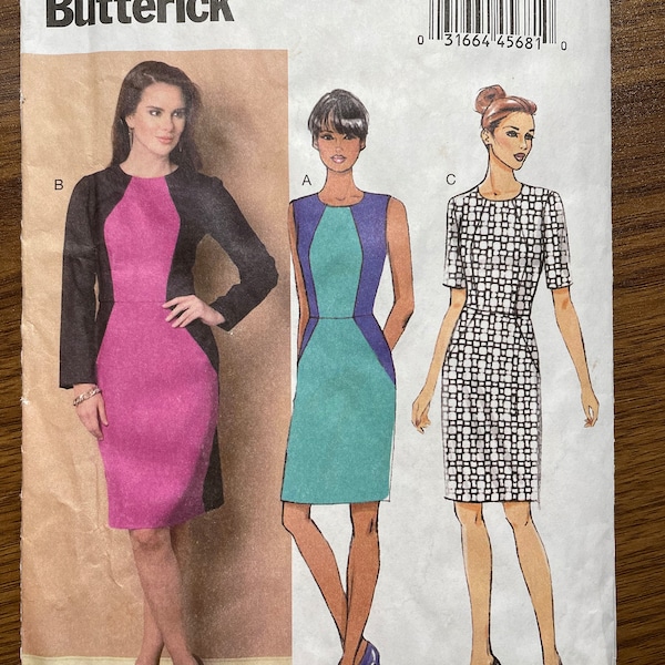 Butterick B6088 6088 Pattern UNCUT See Descrip Optical Illusion Dress Sheath Knee Length Contrast Panels Short Long Sleeve Size 6 8 10 12 14