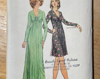 Simplicity 6024 Pattern UNCUT 1970s Vintage Empire Waist V Neck Dress Long Sleeves Knee or Maxi Length Size 16 Bust 38