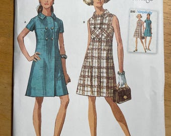Simplicity S9466 9466 Pattern UNCUT Vintage Retro 1960s Raised Waist Double Breasted A-Line Dress Collar Size 6 8 10 12 14 OR 16 18 20 22 24