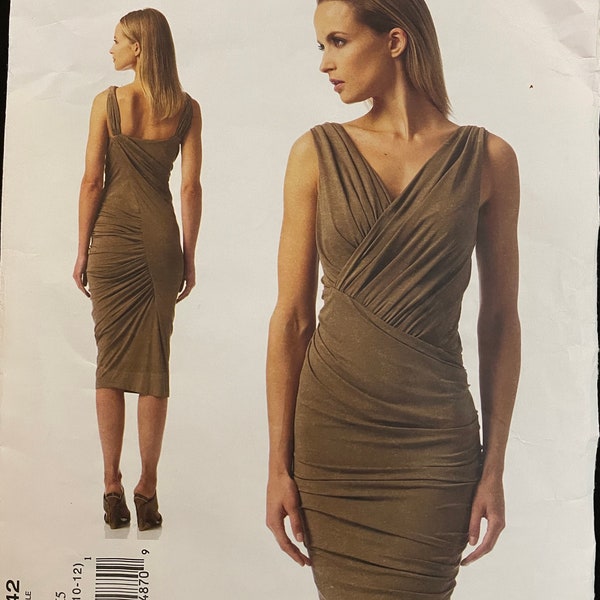 Vogue V1342 1342 Pattern UNCUT Designer Couture Donna Karan Body Con Stretch Knit Greek Goddess Wrap Look Dress Size 4 6 8 10 12