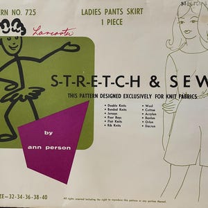 May include: A vintage sewing pattern for a ladies pants skirt. The pattern is designed for knit fabrics and includes a list of suitable fabrics. The pattern number is 725 and the size is 32-34-36-38-40.