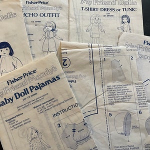 May include: A collection of vintage Fisher-Price My Friend Mandy doll sewing patterns. The patterns include instructions for making a blouse, a hooded cape, a t-shirt dress or tunic, a  pajama set, and a  'Cho' outfit.