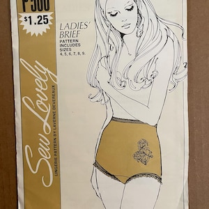 May include: A vintage sewing pattern for a ladies' brief, with a line drawing of a woman wearing the garment. The pattern is labeled "Sew Lovely" and includes sizes 4-9. The pattern is priced at $1.25.