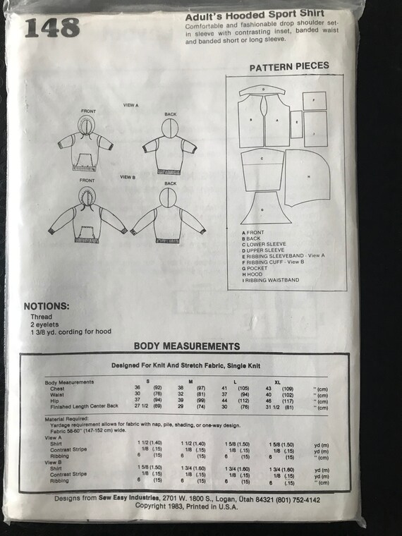 Sew Easy 148 Pattern UNCUT 1980s Adult's Unisex Hooded Sport