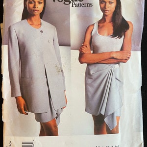 Vogue 1440 Pattern UNCUT 1990s Vintage American Designer Donna Karan Loose Fitting Jacket Shoulder Pads and Wrap Skirt Knee Size 14 16 18