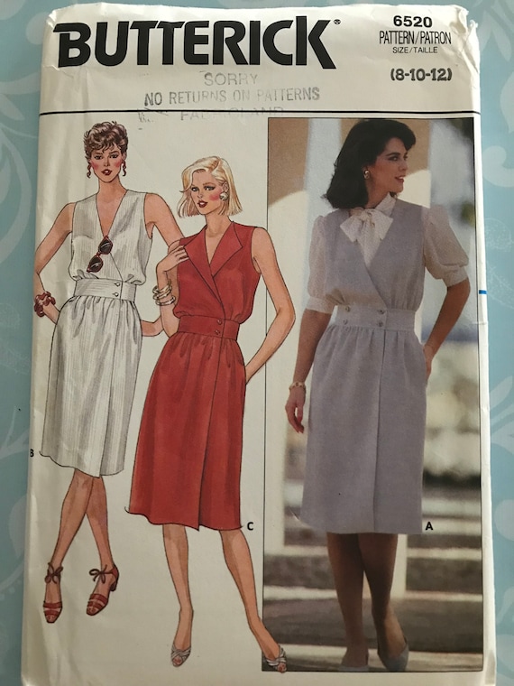 Butterick 6520 Pattern UNCUT 1980s Sleeveless Blouson Bodice Dress Shaped  Midriff Wrap Bodice A-line Below Knee Length Size 8 10 12 