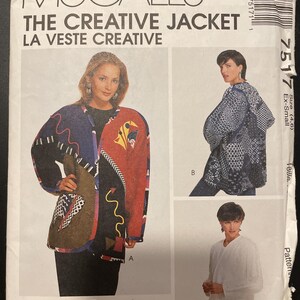 May include: McCall's sewing pattern for a creative jacket. The pattern includes three different styles: a colorful patchwork jacket, a blue and white patterned jacket, and a white jacket. The pattern is for size extra small.