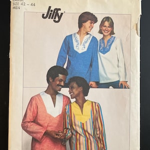 May include: Vintage Simplicity sewing pattern for men's shirts, size 42-44. The pattern features four people wearing different colored shirts with a V-neck design. The shirts are blue, white, coral, and striped. The pattern includes the text "Jiffy" and "Transfer for embroidery included."