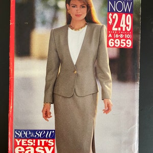 May include: A sewing pattern for a skirt and jacket set. The pattern is for sizes 6-8-10 and costs £2.49. The pattern is called "see&sew NOW" and the pattern number is 6959.