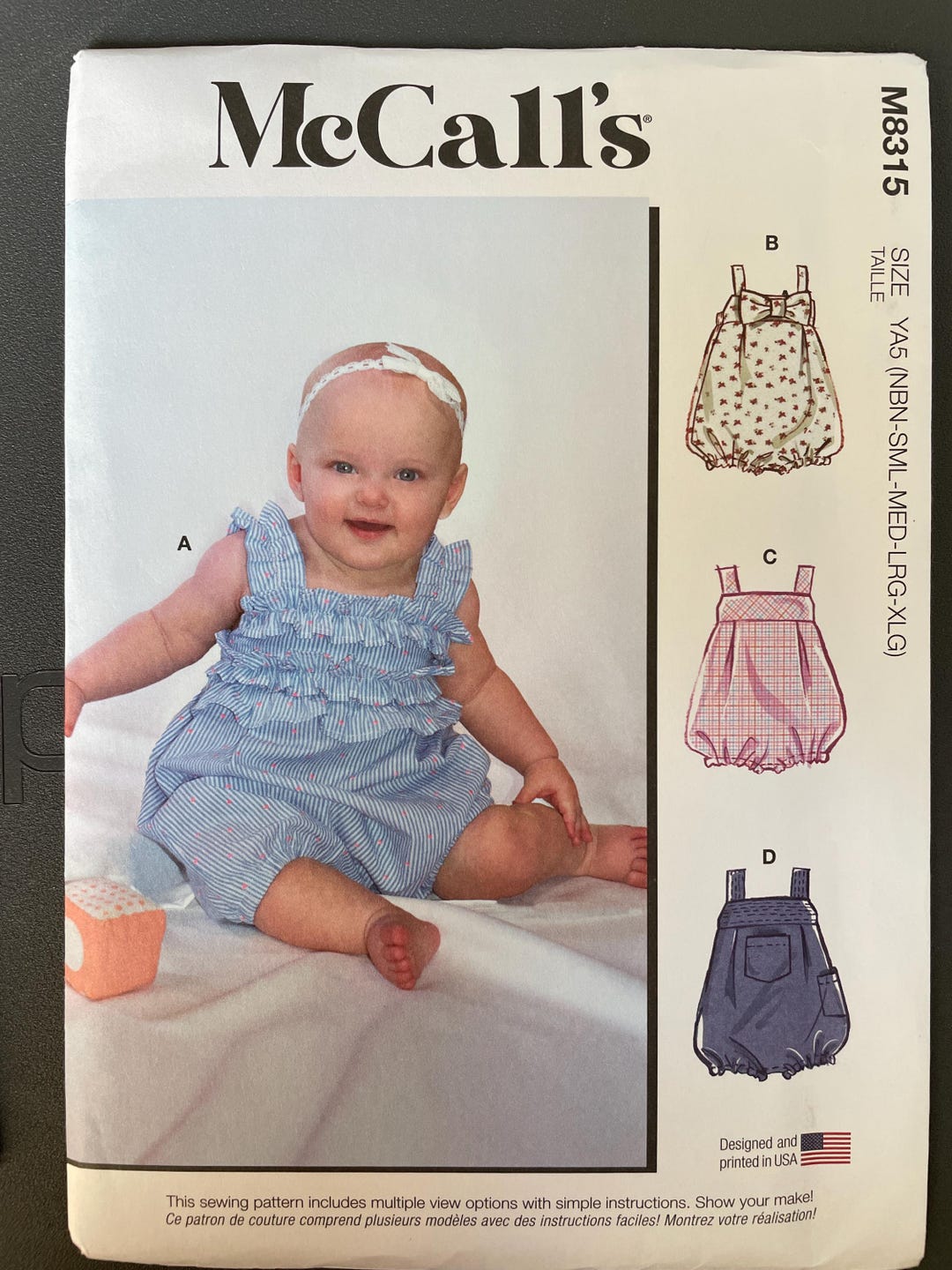 Mccalls M8315 8315 Pattern UNCUT Easy Baby Romper Sleeveless Snap ...