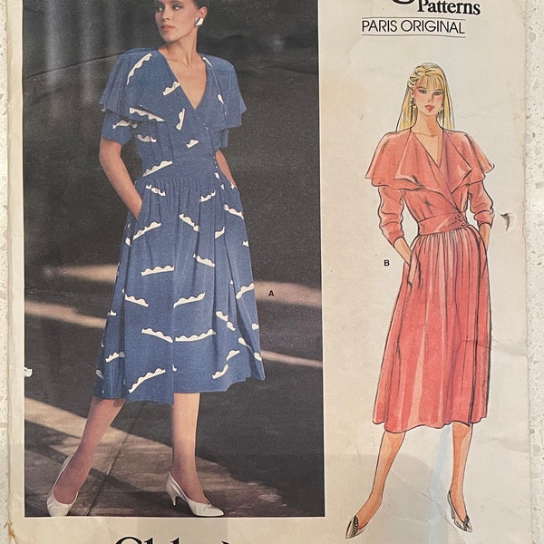 Vogue 1141 Pattern CUT Complete 1980s Vintage Paris Original Chloe Blouson Bodice Dress Draping Collar Long or Short Sleeves Size 10 VA