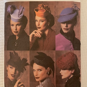 May include: Vogue Accessories pattern 7657 for hats. The pattern includes six different hat designs, including a blue hat with a veil, a red hat with a pom-pom, and a black hat with a feather.