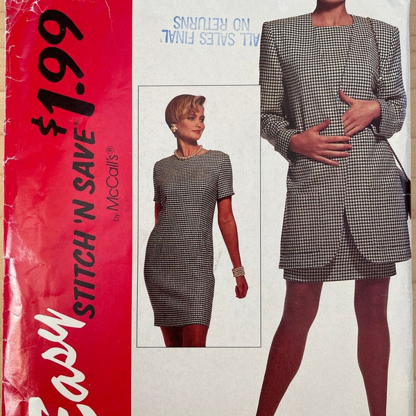 McCalls 6415 Pattern UNCUT 1990s Vintage Stitch 'N Save Easy Round Knee Length Sheath Dress Longline Jacket Size 14 16 18 OR 8 10 12 Ca VA