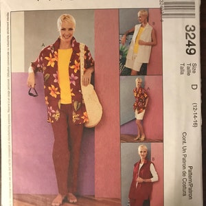 May include: A sewing pattern for a women's wardrobe featuring three different outfits. The first outfit is a floral print shirt with brown pants. The second outfit is a white sleeveless vest with a white skirt. The third outfit is a red sleeveless vest with brown pants. The pattern is for sizes 12-14-16.