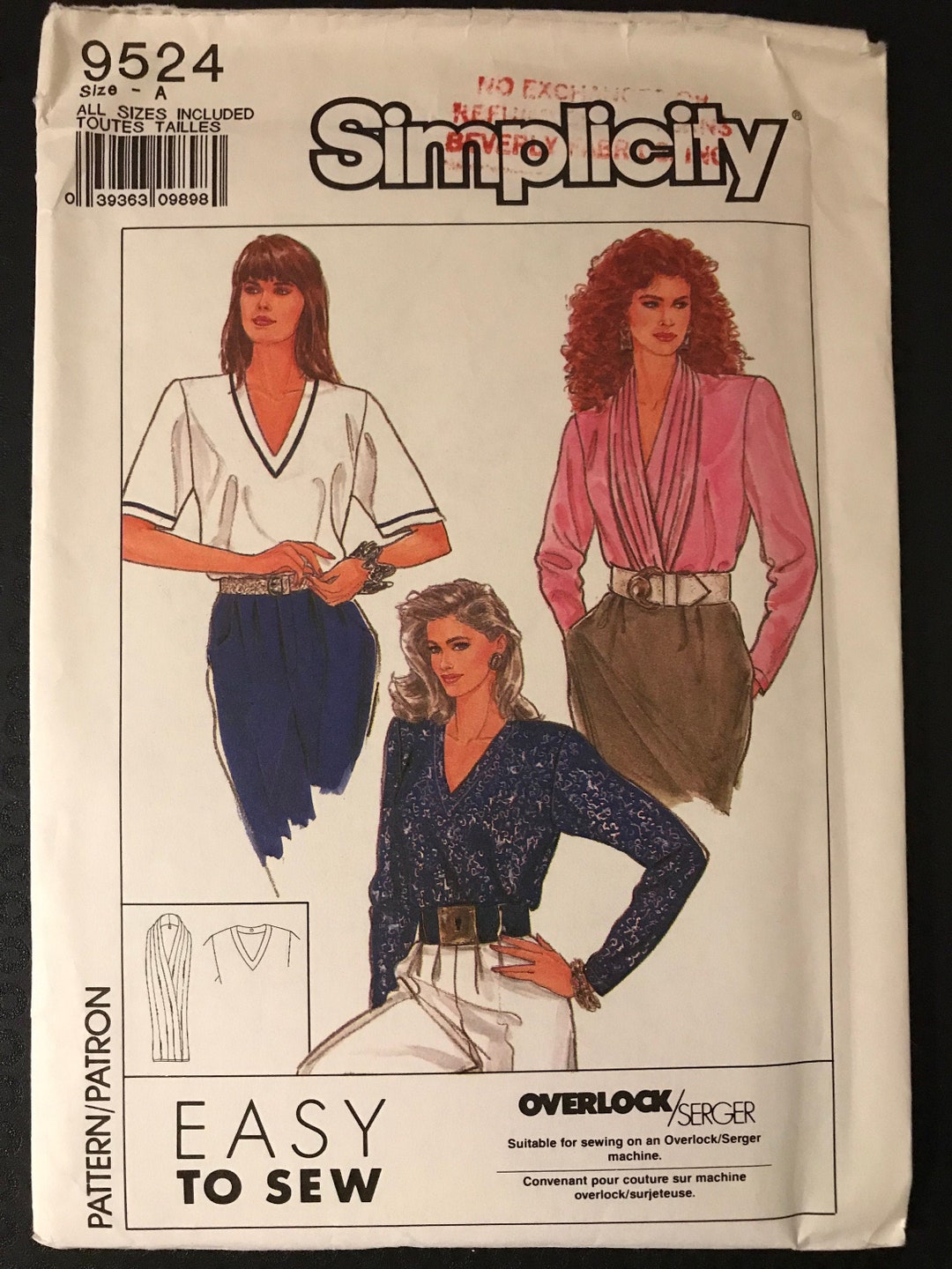 Simplicity 9524 Pattern UNCUT 1980s Easy to Sew Pullover Top V Neckline ...
