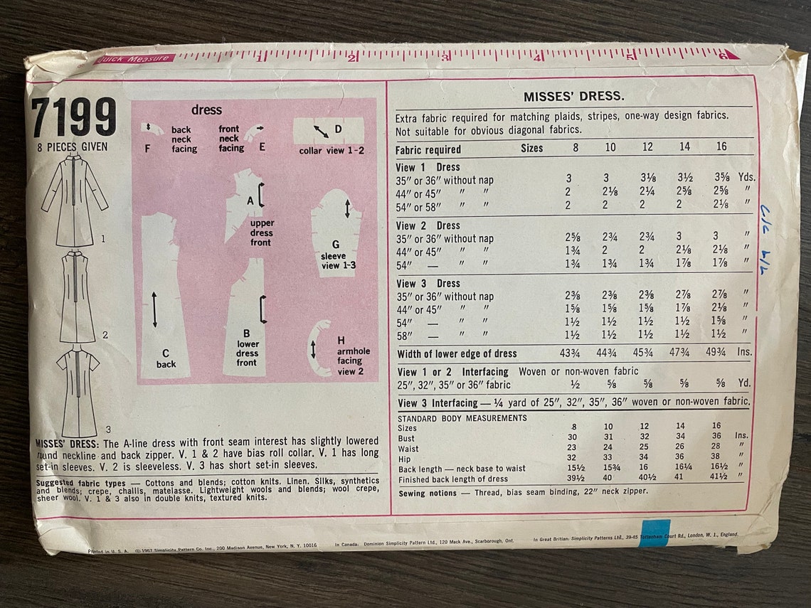 Simplicity 7199 Pattern CUT Complete 1960s Vintage A-line Dress Roll ...