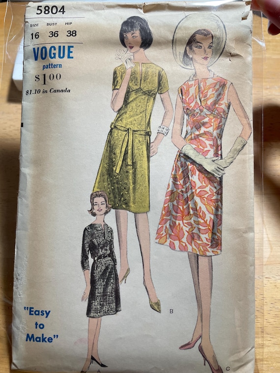 Vogue 5804 Pattern CUT Complete 1960s Vintage Easy Sleeveless Short 3/4  Sleeve A-line Dress Slash Front Raised Waist Seam Size 16 36" - Etsy