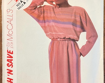 McCalls 2063 Pattern UNCUT 1980s Pullover Dress Blouson Bodice Dolman Long Sleeves Side Seam Pockets Straight Skirt Size 6 8 10 or 12 14 16