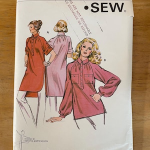 May include: A vintage sewing pattern for a blouse with long sleeves and a button-up collar. The pattern is for sizes 14-16-18-20. The pattern is from Kwik-Sew Pattern Co., Inc. and is designed by Kerstin Martensson.