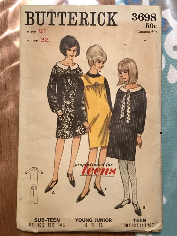 Butterick 3698 Pattern CUT Complete 1960s Teens Juniors Girl's Knee Length  Yoked Dress Long Gathered Sleeve Collar Size 12 Bust 32" - Etsy