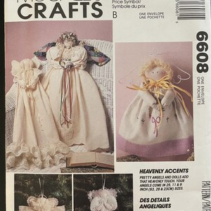 May include: A sewing pattern for making angels and dolls. The pattern includes instructions for making three different sizes of angels, measuring 25, 11, and 9 inches. The pattern also includes instructions for making dolls. The pattern is from McCall's Crafts and is called "Heavenly Accents".