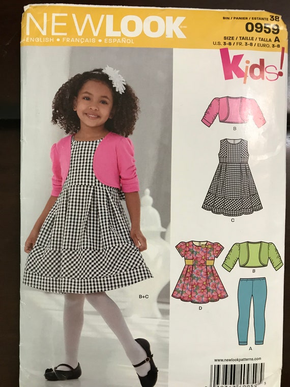 New Look 0959 6259 Pattern UNCUT Kids Girl's Sleeveless or Fit and Flare  Dress in Knee Length Bolero Jacket and Leggings Size 3 4 5 6 7 8