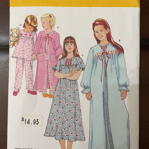 Simplicity 1569 Pattern UNCUT Girl's Yoked Nightgown in Maxi Length or Top Pull On Bottoms and Robe Lace Trim Long Sleeves Size 3 4 5 6