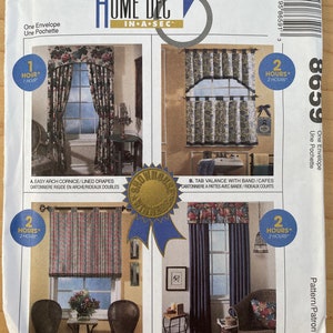 May include: A sewing pattern for home decor projects, featuring four different window treatments. The pattern includes instructions for an arch cornice with lined drapes, a tab valance with a band, a tab roman shade, and an easy pleat topper with unlined drapes. The pattern is titled "Home Dec in a Sec" and is from McCall's.